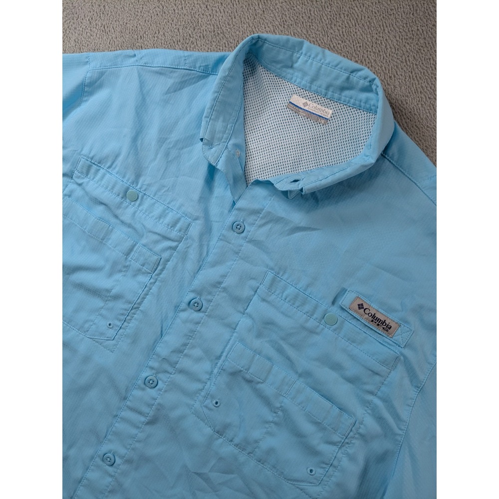 Columbia PFG Mens Large Blue Short Sleeve Button Down Fishing Shirt Ripstop L/G